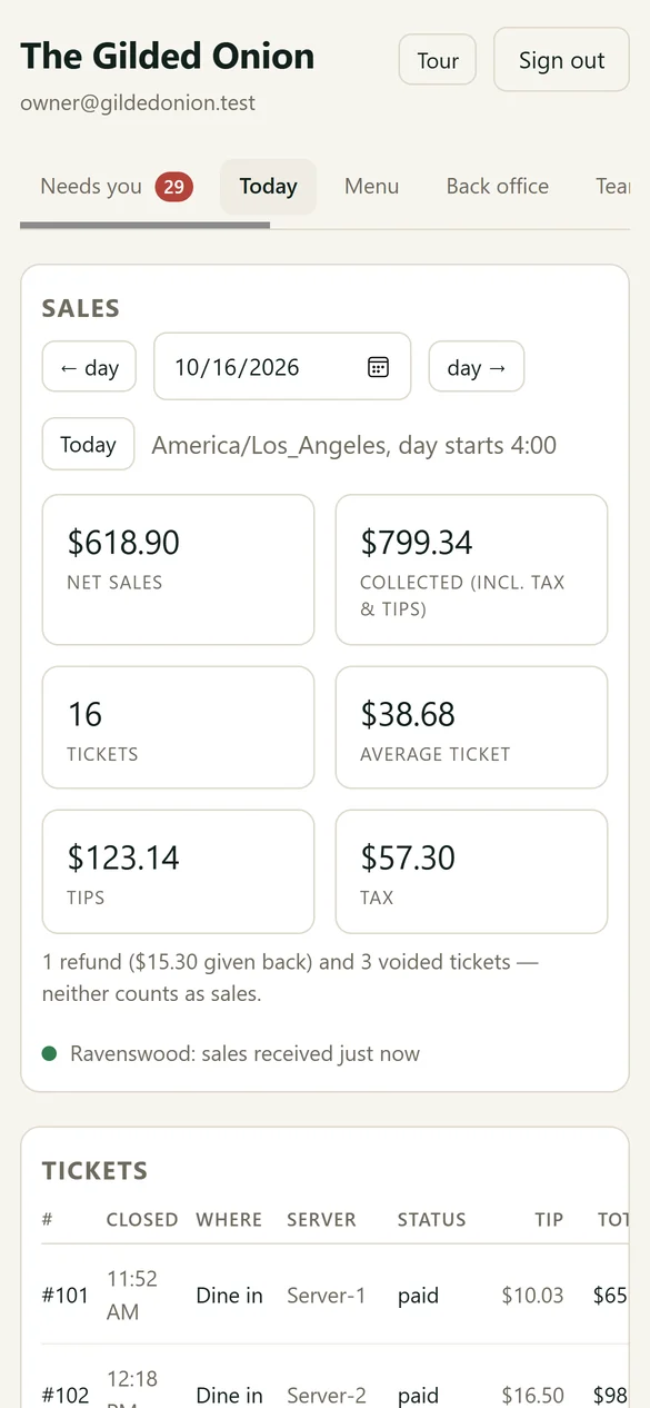 The owner's phone, on the Today page: $618.90 net sales, $799.34 collected, 16 tickets, $123.14 in tips. Sales received just now.
